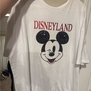 Disney White Tee with Red Disneyland Lettering and Black Sequin Mickey